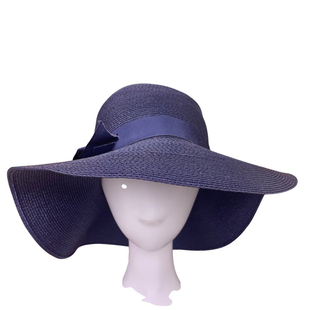 Diana Exclusives Womens Navy Straw Sun Hat Wide Brim Bow Detail Elegant